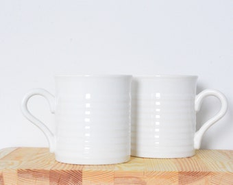 Vintage Set of 2 White Glazed Ceramic Ribbed Rim Tea Coffee Mugs