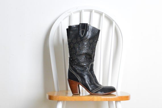 Vintage Y2K Black Leather Flower Detail Cowboy Style Womens Boots Size EU 38