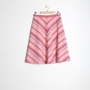 Vintage 70s Pink Grey Striped High Waist A-Line Womens Midi Skirt Size Small S Waist 27 In