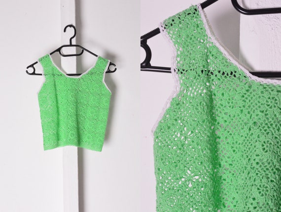 Vintage 70s Lime Green Crochet Top Size XS