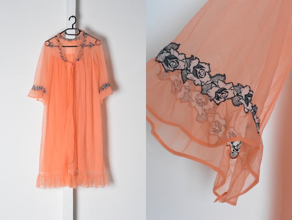 Vintage 60s Peach Orange Roses Flower Lace Tie Fro