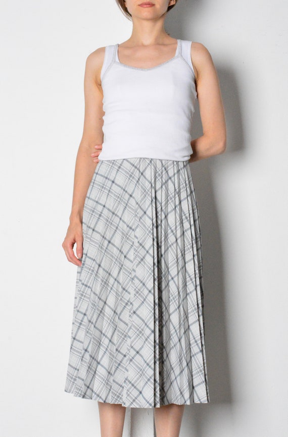 Vintage 70s Grey Check Pleated Midi Skirts Waist … - image 2