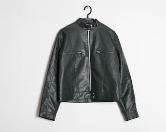 Y2K Forest Khaki Green Faux Leather Minimalist Motorcycle Biker Style Womens Jacket Size XL