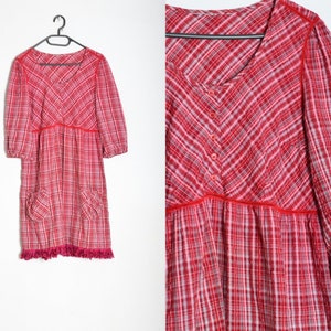 Vintage 90s Red Check Fringe 3/4 Sleeve Cottagecore Cotton Dress With Pockets Size M Medium