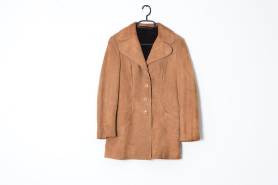 Vintage 70s Camel Brown Suede Leather Warm Winter… - image 1