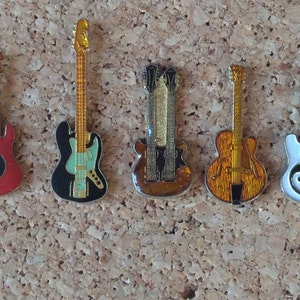 Vintage electric guitar pins: Gibson EDS-1275 Double Neck, Yin and Yang & Fender enamel pins
