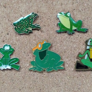 Vintage frog pins: Scuba frog, derpy frog and frog with glasses enamel pins
