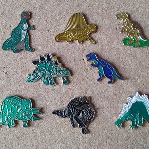 Vintage Dinosaurier Pins: T-Rex, Triceratops, Ankylosaurus, Stegosaurus & Dimetrodon Emaille Pins