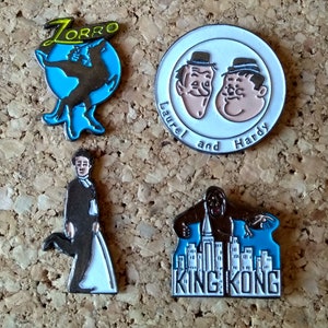 Vintage Hollywood movies pins: Zorro, Laurel and Hardy, Charlie Chaplin & King Kong enamel pins