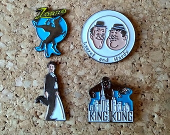 Vintage Hollywood movies pins: Zorro, Laurel and Hardy, Charlie Chaplin & King Kong enamel pins