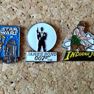 Vintage Hollywood movies pins: Star Wars, James Bond 007, Indiana Jones, brooch, C-3PO, R2D2, Harrison Ford, American film enamel pin