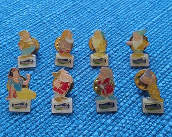 Vintage Disney Snow White and the Seven Dwarfs pins: Snow White, Doc, Grumpy, Dopey, Bashful, Sneezy, Sleepy, Happy
