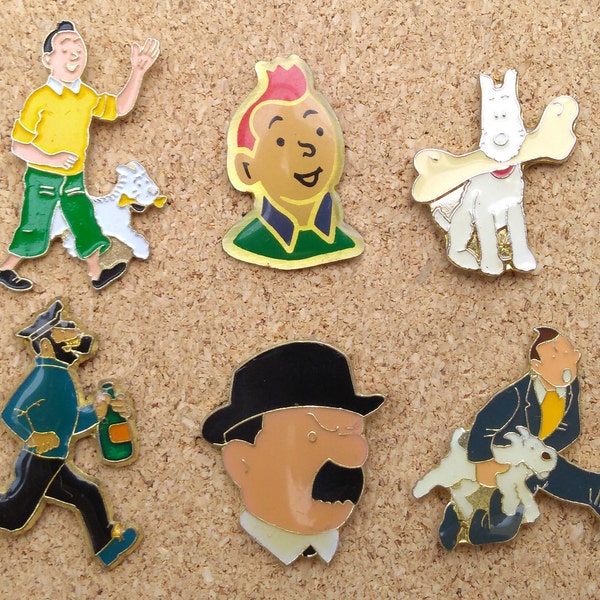 Vintage Hergé Tintin pins: Tintin, Snowy, Captain Haddock & Thomson and Thompson enamel pins