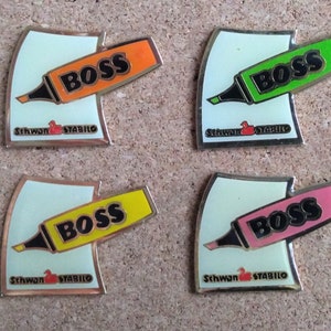 Vintage Schwarz-Stabilo Boss highlighter pins : orange, green, yellow & pink fluorescent marker enamel pins