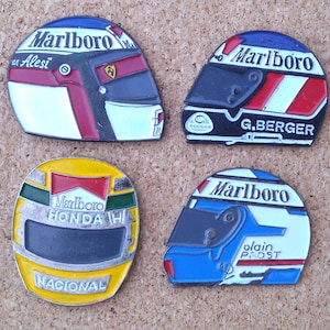 Vintage Marlboro World Championship Team helmet pins: Alesi, Berger, Alain Prost & Senna Honda helmet enamel pins
