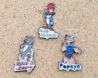 Vintage cartoon pins: Popeye, Tom & Jerry and Woody Woodpecker enamel pins