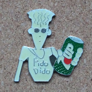 Vintage Fido Dido 7 Up soda pins: Skating Fido, Skiing Fido & "It's cool to be clear" enamel pins Sunglasses
