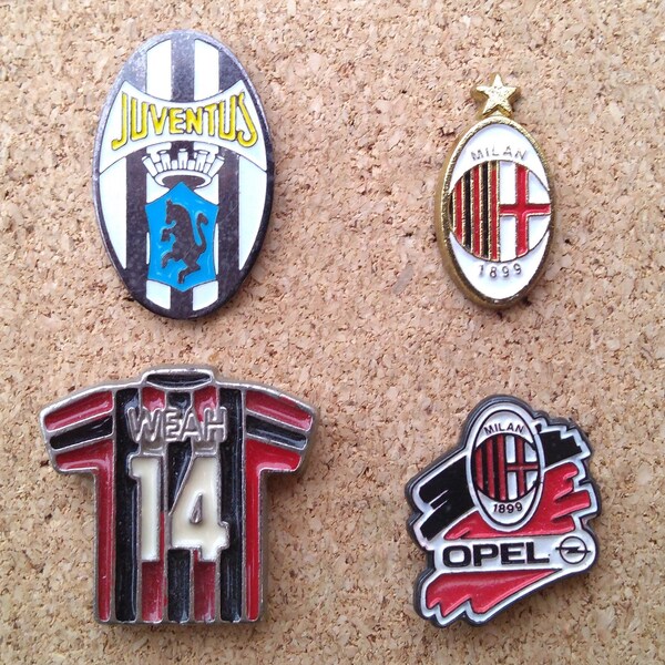Vintage Serie A football club pins: Juventus logo, AC Milan & George Weah jersey enamel pins