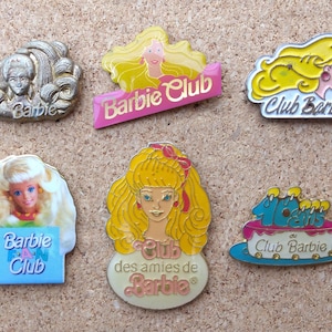 Vintage Barbie pins: Barbie fan club, dressed up Barbie Doll & Barbie anniversary enamel pins