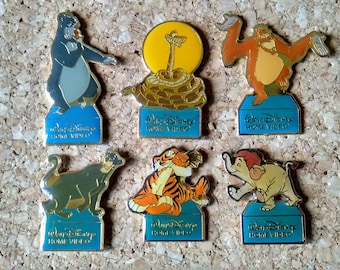 Vintage Walt Disney Home Video Jungle Book pins: Baloo the bear, Kaa the snake, King Louie, Bagheera, Shere Khan & Hathi, Jr. enamel pins