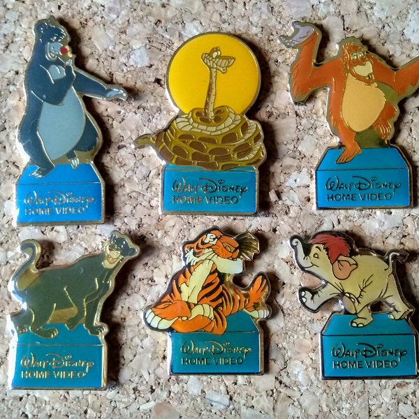 Vintage Walt Disney Home Video Dschungelbuch Pins: Balu der Bär, Kaa die Schlange, King Louie, Bagheera, Shere Khan & Hathi, Jr. Emaille Pins