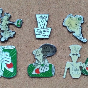 Vintage Fido Dido 7 Up soda pins: Skating Fido, Skiing Fido & "It's cool to be clear" enamel pins image 1
