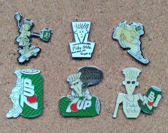 Vintage Fido Dido 7 Up Soda Pins: Skating Fido, Skifahren Fido & "It's cool to be clear" Emaille Pins