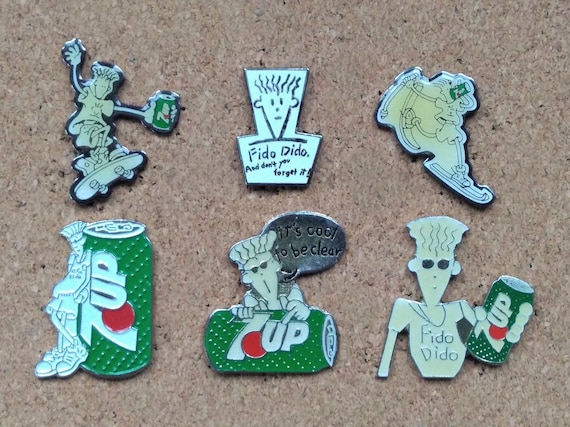 Vintage Fido Dido 7 Up soda pins: Skating Fido, Skiing Fido & "It's cool to be clear" enamel pins