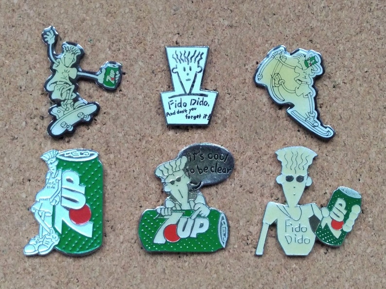 Vintage Fido Dido 7 Up soda pins: Skating Fido, Skiing Fido & "It's cool to be clear" enamel pins image 1