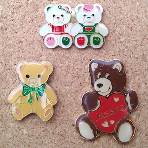Vintage teddy bear pins: Cute teddy bear couple, bowtie bear & Jessica bear enamel pins