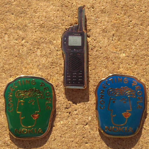 Vintage Nokia pins: Connecting People & Nokia brick phone enamel pins