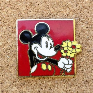 Vintage Mickey Mouse flower bouquet square enamel pin