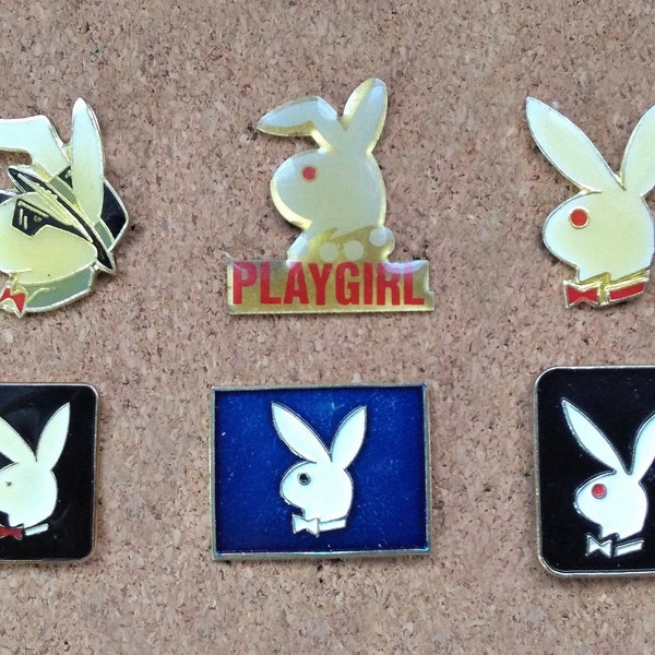 Vintage Playboy and Playgirl magazine pins: Playboy & Playgirl bunny logo enamel pins