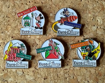 Vintage Disneyland attraction pins: Main Street USA, Frontierland, Adventureland, Fantasyland & Discoveryland pins for Euro Disney Paris