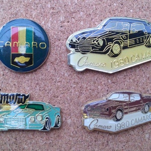 Vintage Chevrolet Camaro pins: Camaro logo & 1980 Camaro enamel pins