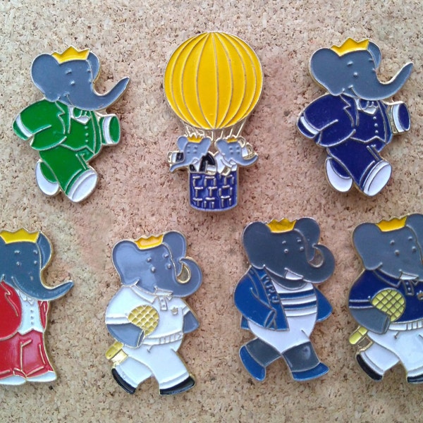 Vintage Babar the Elephant pins: Tuxedo Babar, balloon Babar & Celeste and tennis Babar enamel pins