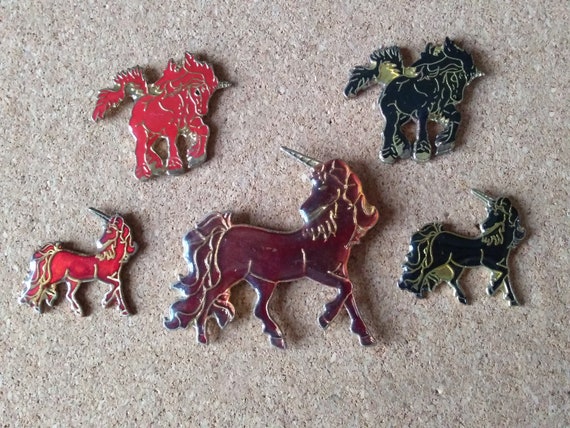 Vintage Unicorn pins: Red & black unicorn enamel … - image 1