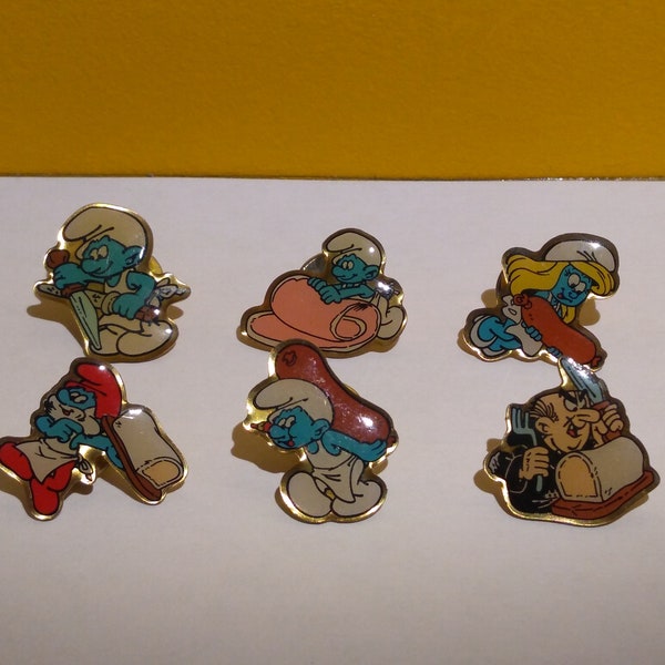 Vintage "The Smurfs" enamel pins: Smurf, Smurfette, Papa Smurf, Gargamel pins by Peyo (Puffi, Schtroumpfs, Schlumpf, blue dwarfs)