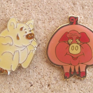 Vintage pigs pins: sweating pig and fat piggie enamel pins