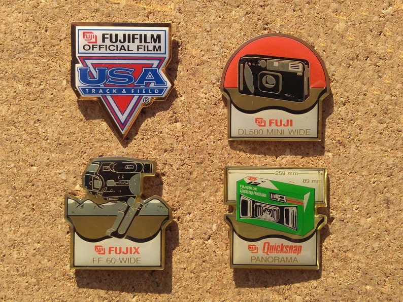 Vintage Fujifilm camera pins Fujifilm Track and Field Fujix FF 50 Wide /& Quicksnap panorama enamel pins Fuji DL500 Mini Wide