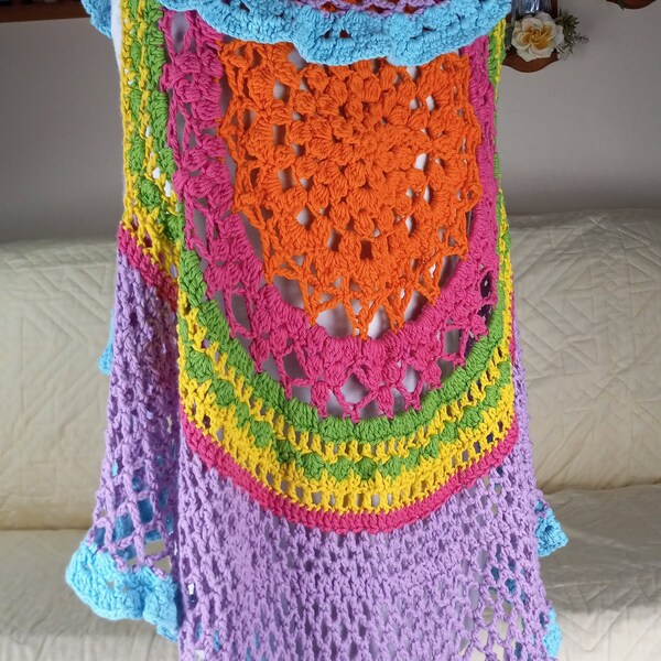 Crocheted circle vest, shades of pink, aqua, lilac, green, yellow, orange, pastel, multicolored, sleeveless cardigan, draped wrap, cotton