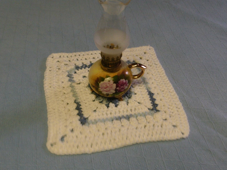 single crochet white blue crocheted trivet shell stitch cotton White and Blue Doily or Trivet double crochet crocheted doily