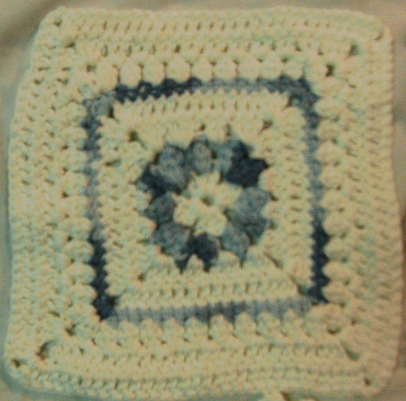 single crochet white blue crocheted trivet shell stitch cotton White and Blue Doily or Trivet double crochet crocheted doily