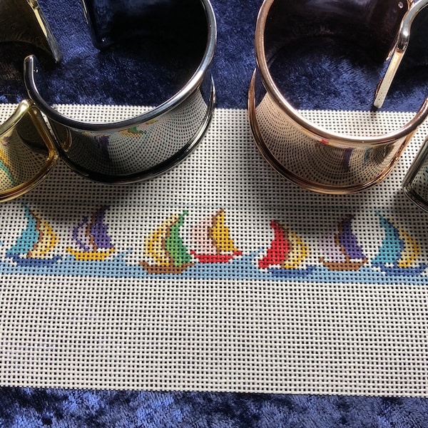 Needlepoint Sailboats Cuff Bracelet- Bookmark Handpainted Canvas. Fun self finish, Comes with a finishing guide. These make wonderful gifts.
