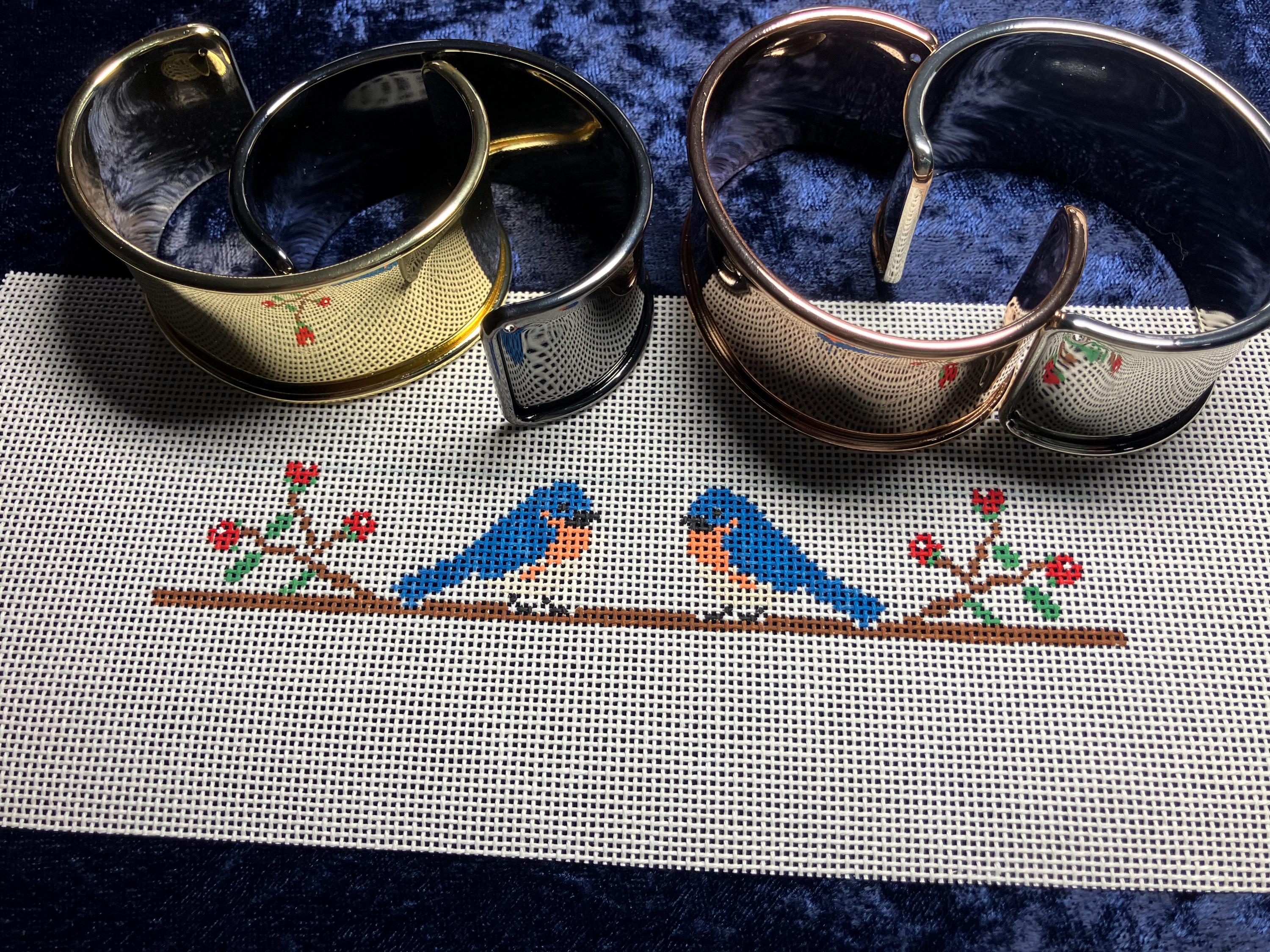 Needlepoint Bluebirds Cuff Bracelet with red berries - Bookmark. Hand Painted Canvas, Finishing Instructions for cuff.
