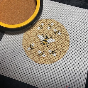 Hand painted Needlepoint, The Hive, busy bees round, wonderful ornament or coaster