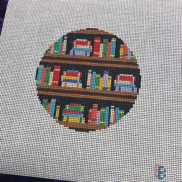 Hand painted Needlepoint The Library Round Coaster or Ornament, Wonderful Gift for the book enthusiast