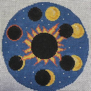 May include: A blue and white canvas with a circular design of a sun and moon phases. The sun is orange and yellow with a black center. The moon phases are black with a yellow crescent.