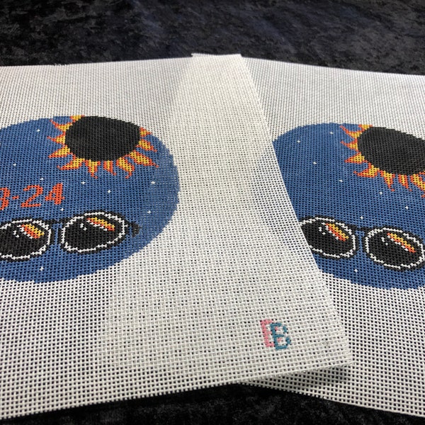 Needlepoint Hand Painted Solar Eclipse dated commemorating 4 inch round ornament or coaster.  Wonderful gift for the enthusiast