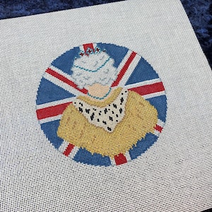Hand Painted Needlepoint, 5 inch, Her Majesty Round Ornament, The Departure. Memorial Ornament of the Queen